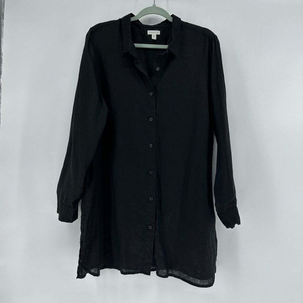 Garnet Hill 100% Linen Button Up Tunic Blouse Women's L Black Lightweight Shirt